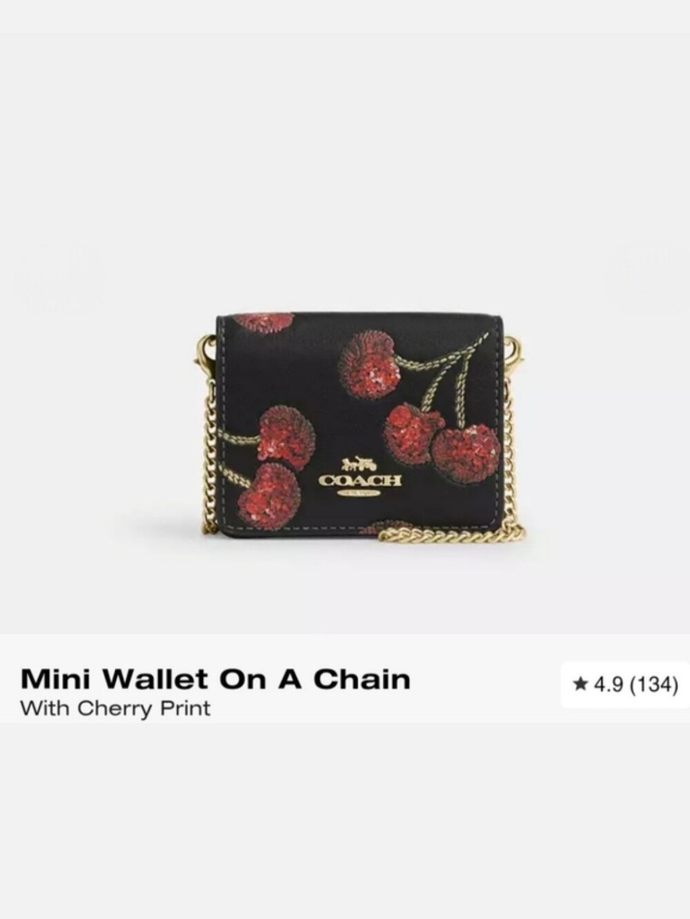 Coach Mini Wallat On A Chain Sequined Cherry Print Black Leather Crossbody - Picture 14 of 14